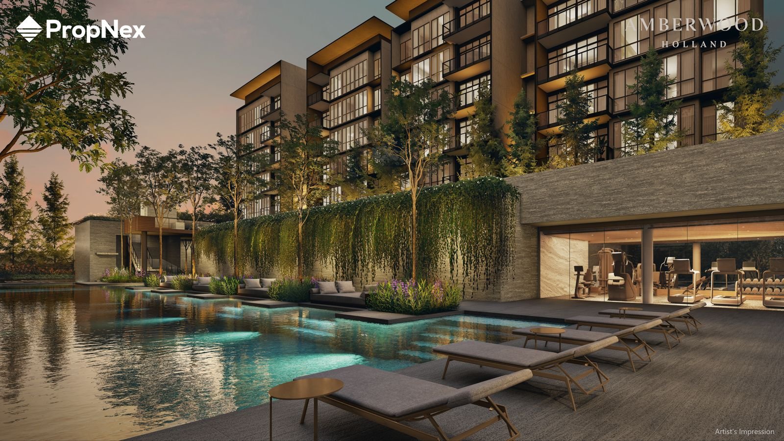 Pool deck and illuminated blocks at Amberwood at Holland at dusk