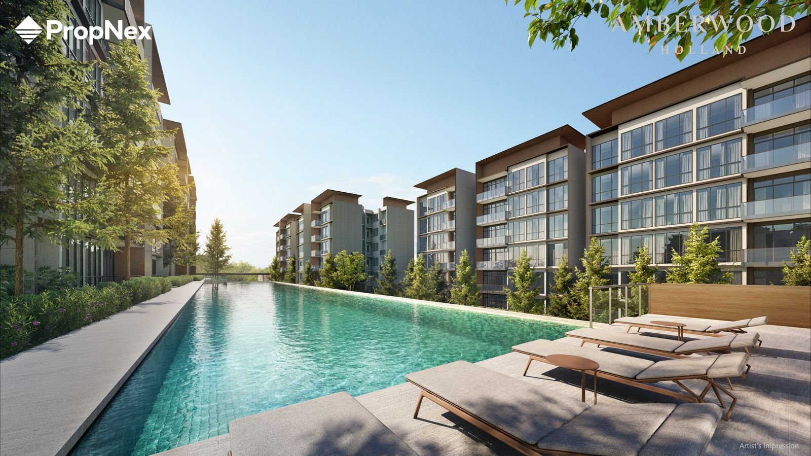 Water feature and pool between the residential blocks
