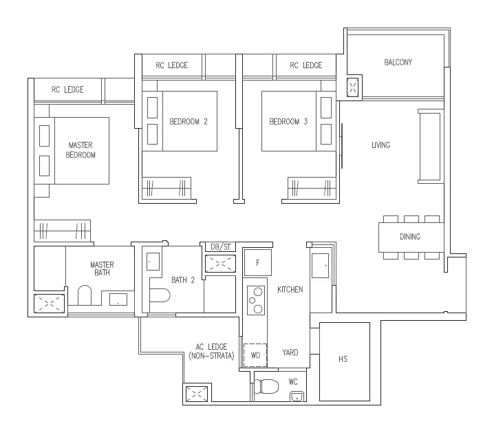 Clovelle of Woodlands EC — indicative 3-bedroom premium floor plan with a larger living and dining area and a utility room