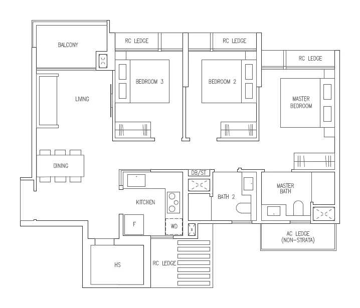 Clovelle of Woodlands EC — indicative 3-bedroom floor plan showing three bedrooms, two bathrooms, living and dining area and kitchen