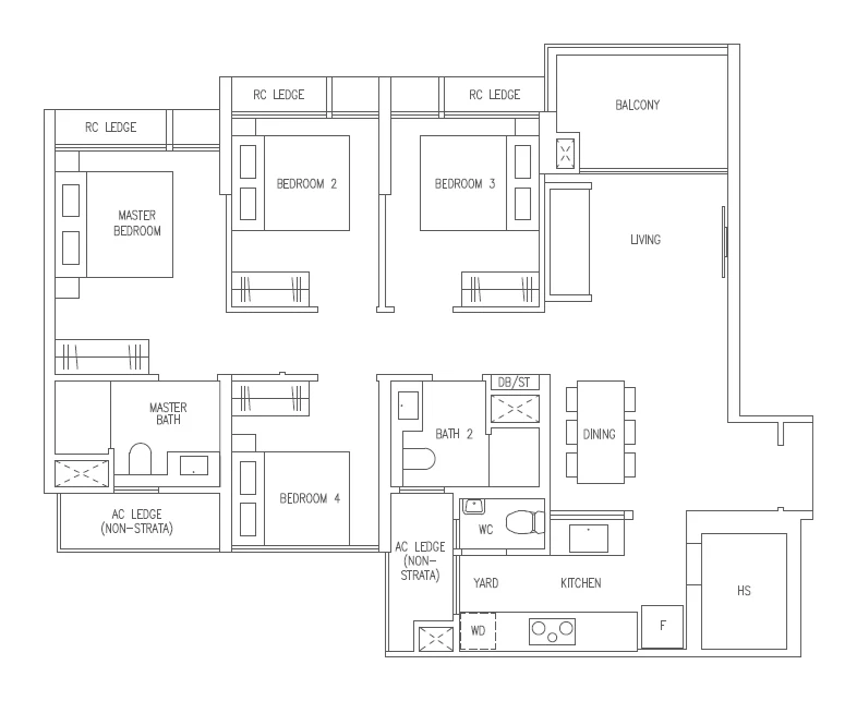 Clovelle of Woodlands EC — indicative 4-bedroom compact floor plan with four bedrooms, two bathrooms and a compact household shelter