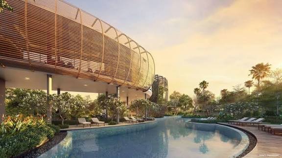 Clovelle of Woodlands — artist’s impression of the clubhouse and lap pool at dusk