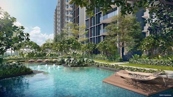 Clovelle of Woodlands — artist’s impression of the swimming pool and sun deck framed by trees