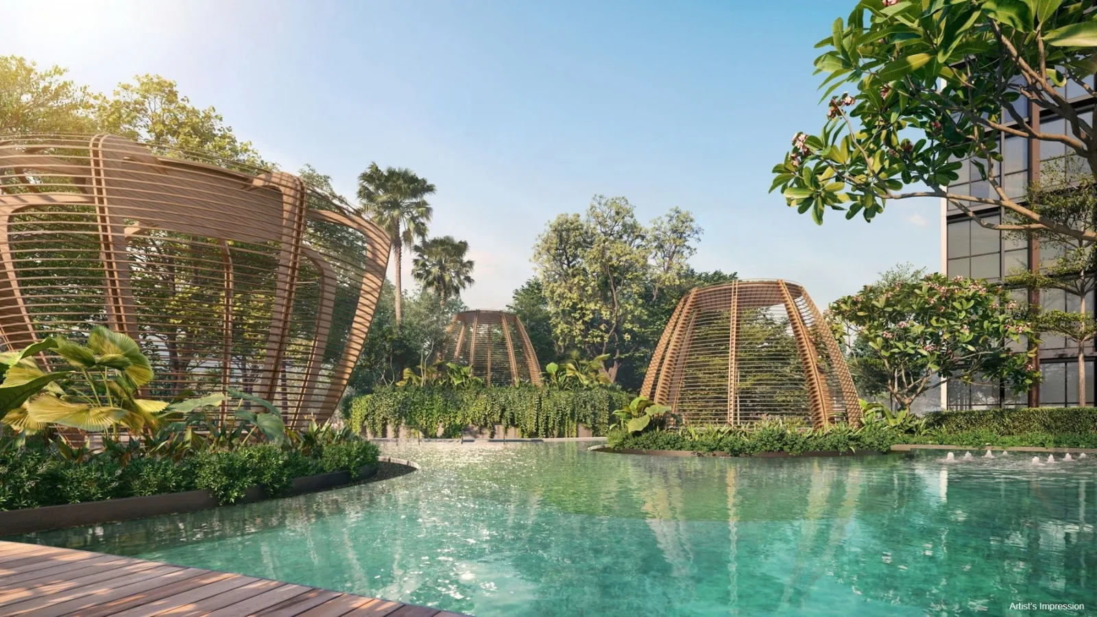 Clovelle of Woodlands Executive Condominium — artist’s impression of the lagoon pool with a water sculpture and sun deck