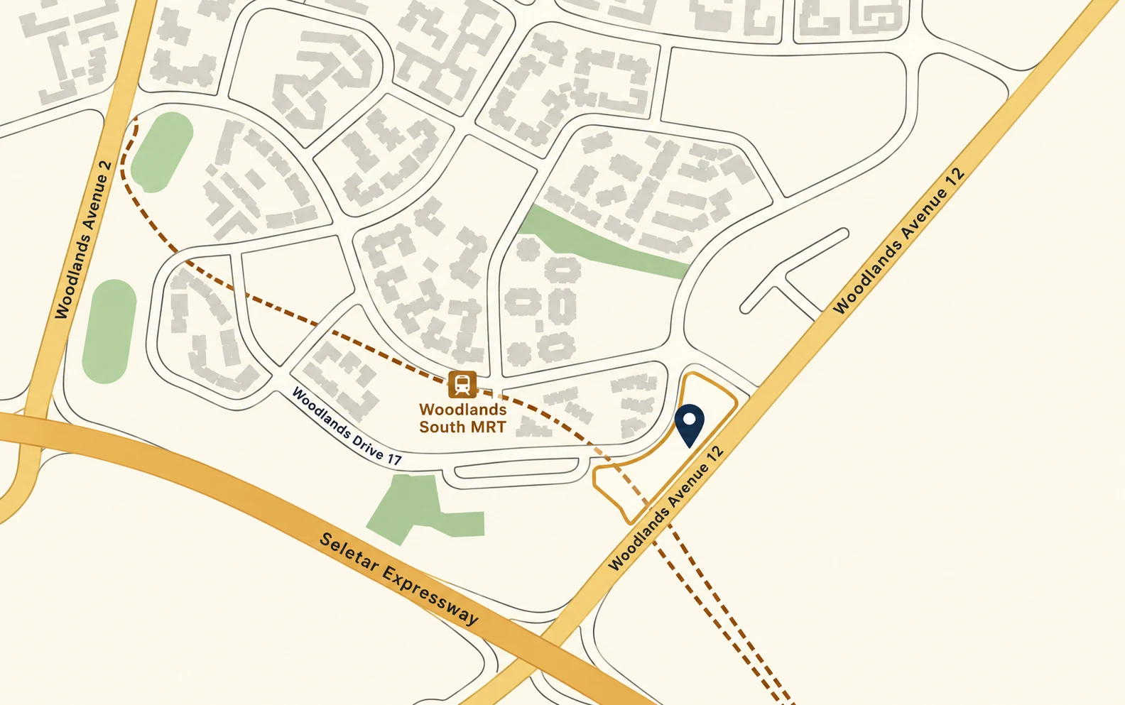 Map of Woodlands showing the Woodlands Drive 17 EC sites, Woodlands South MRT station and the surrounding road network