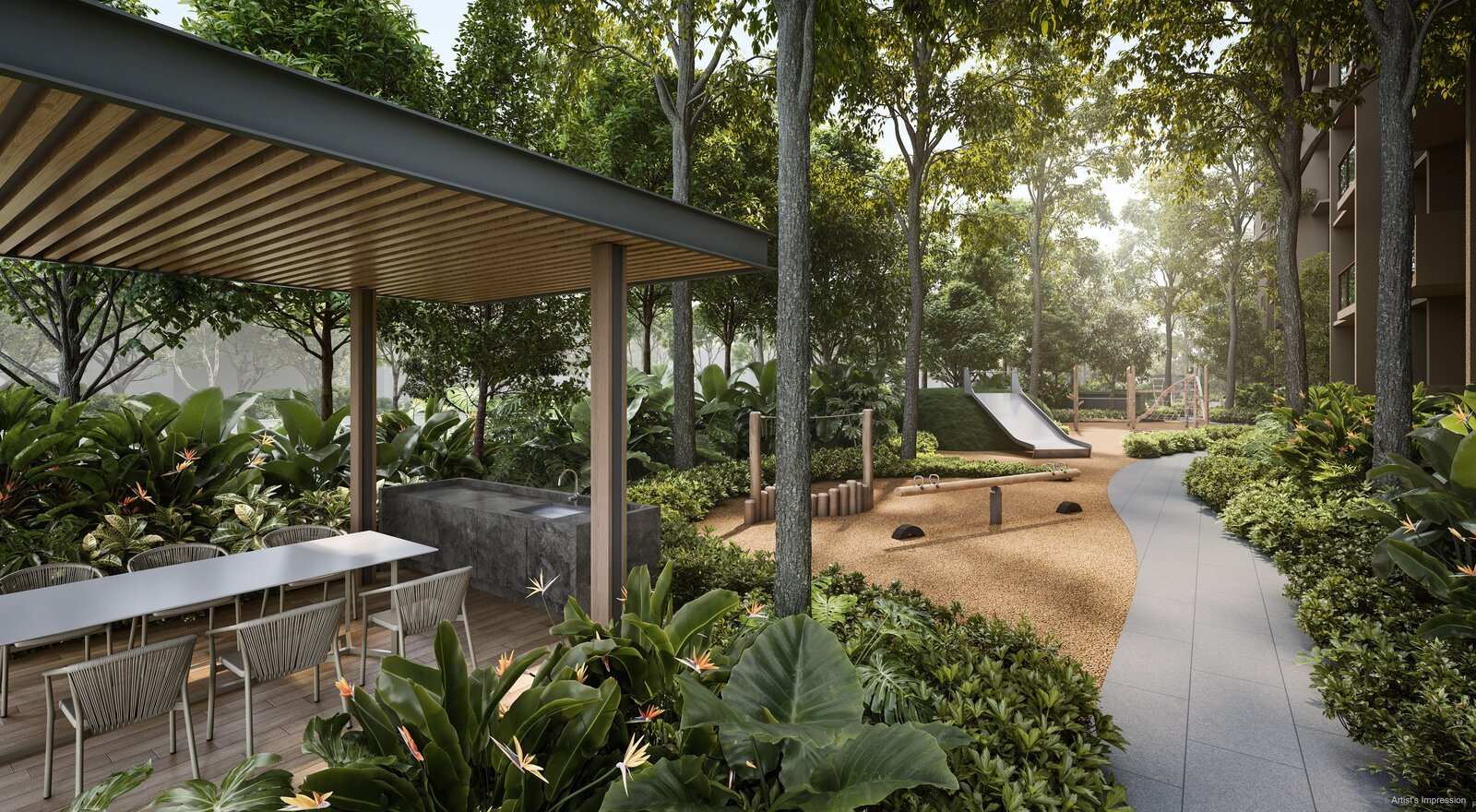 Sheltered garden walkway and play garden