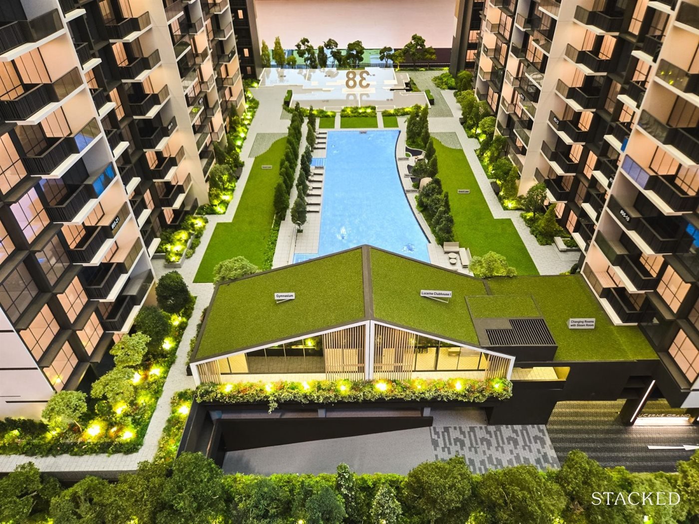 Aerial render of the pool deck and towers at Lucerne Grand