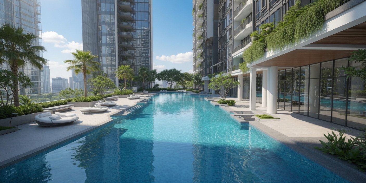 Landscaped pool deck and towers at Solano Grand