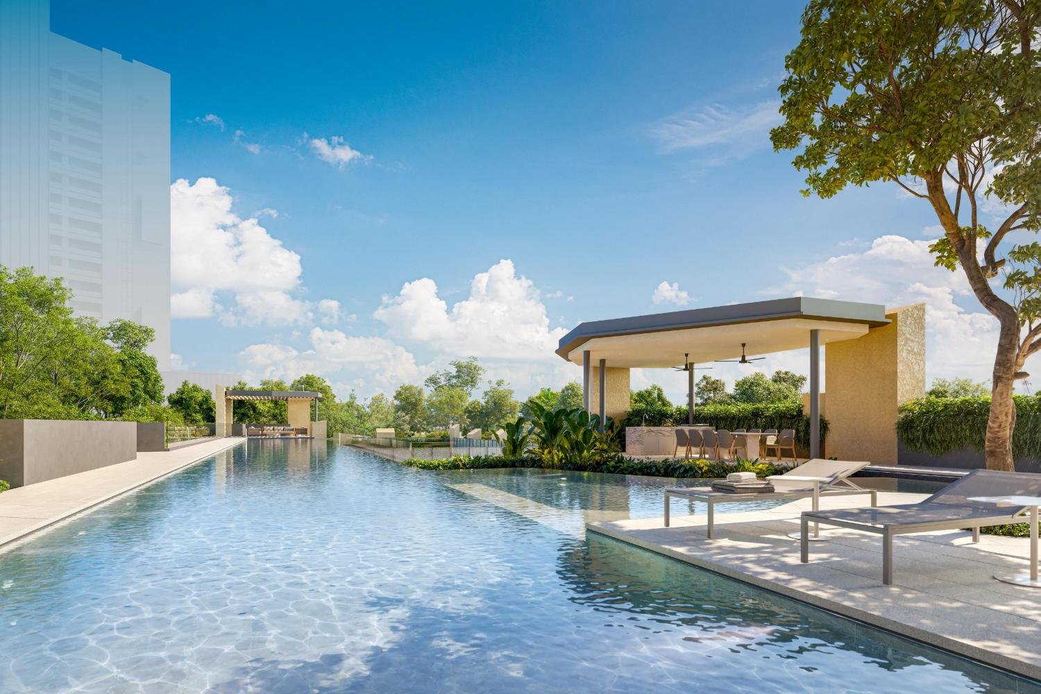 The Serra Residences — artist’s impression of the pool and residents’ pavilion at daytime