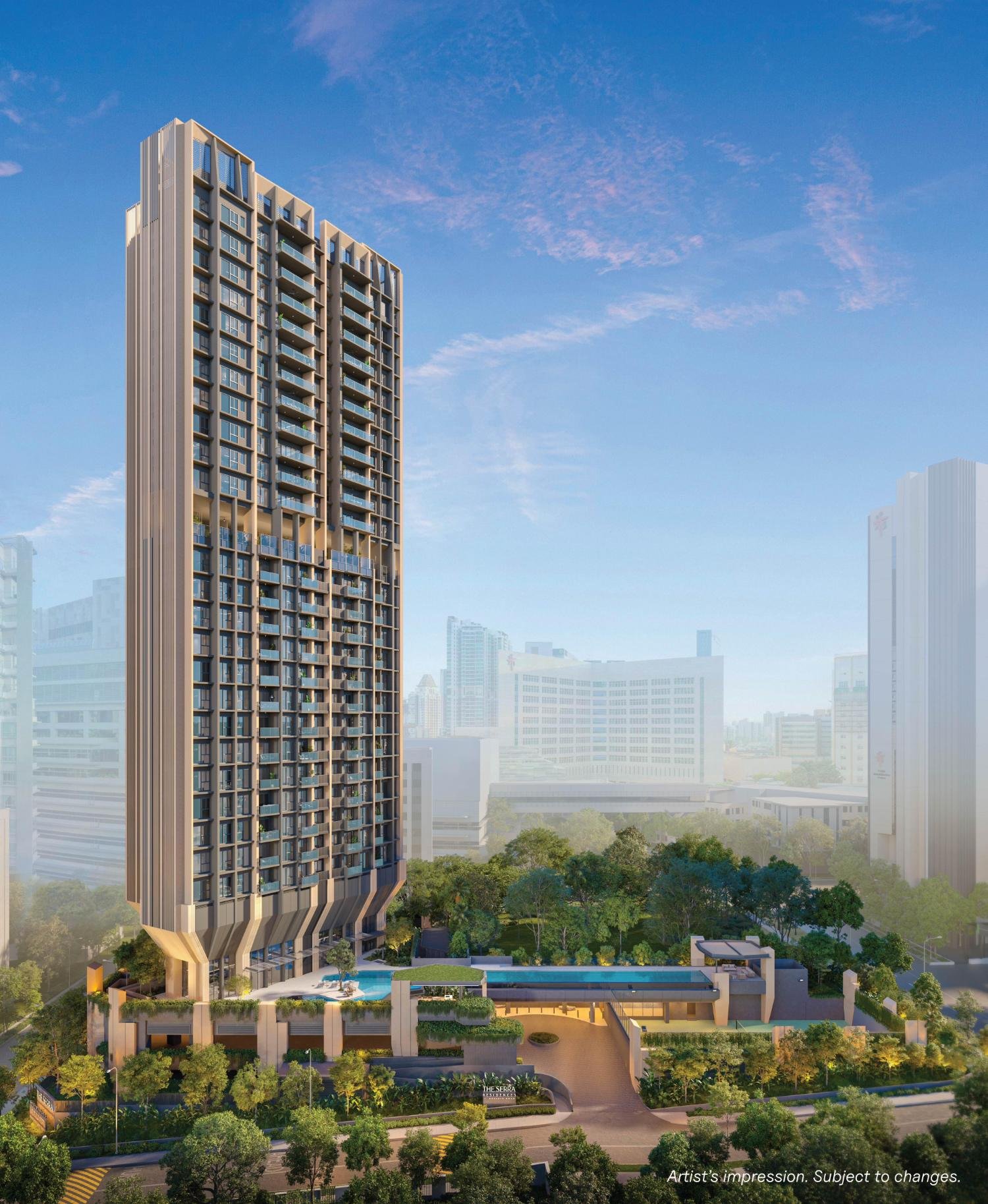 The Serra Residences — vertical artist’s impression of the 28-storey freehold tower above its landscaped podium