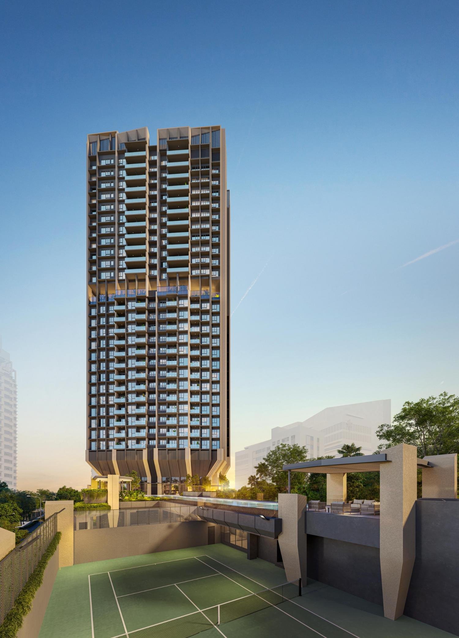 The Serra Residences — artist’s impression of the tower seen from Bassein Road with greenery in the foreground