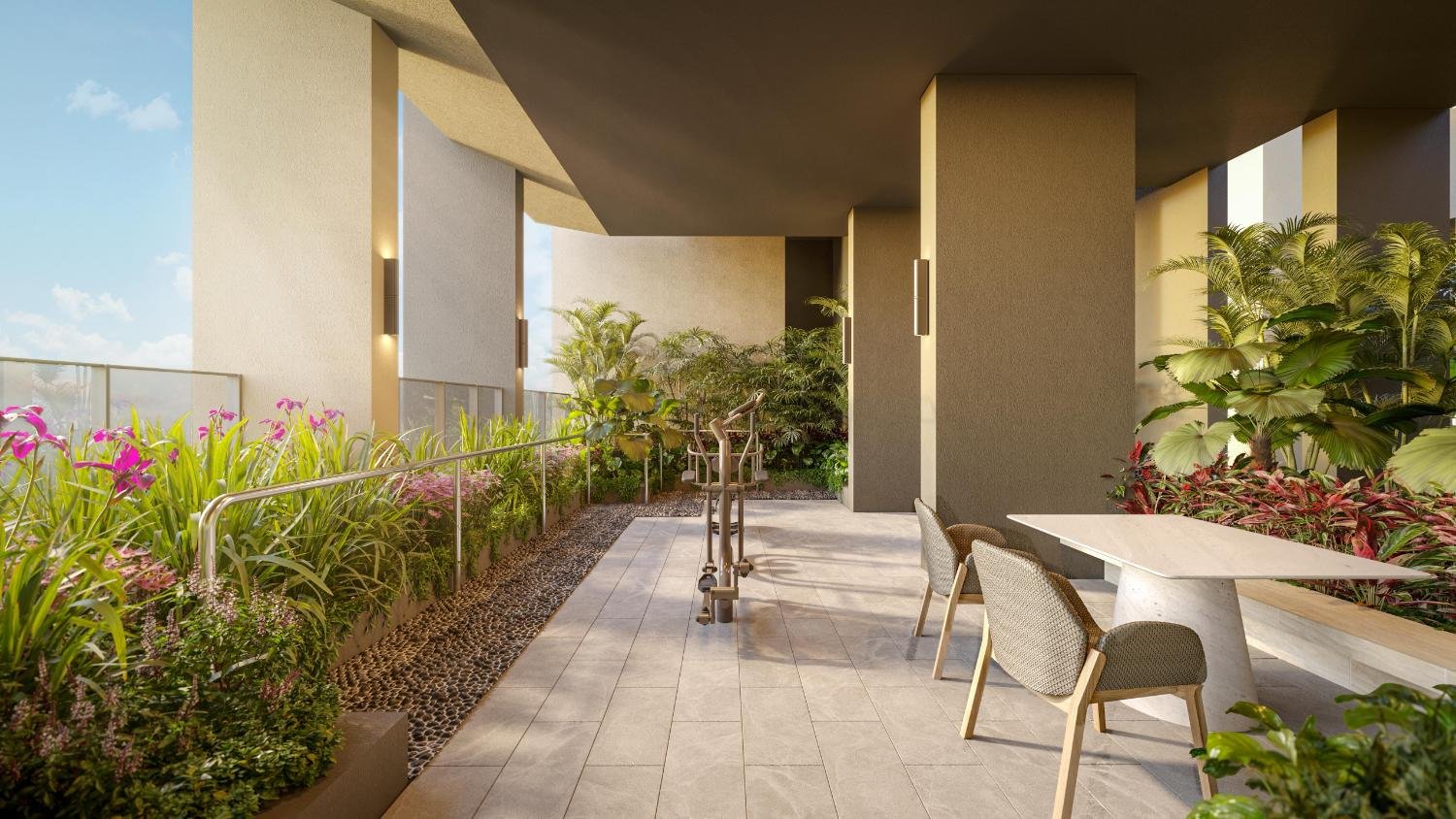 The Serra Residences — artist’s impression of a landscaped outdoor terrace with seating