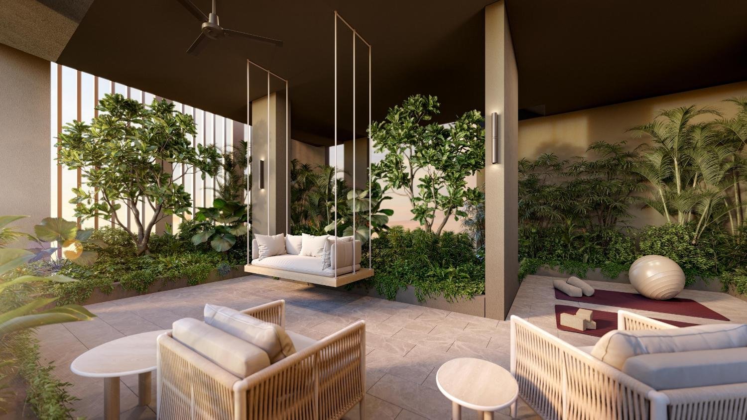 The Serra Residences — artist’s impression of a covered outdoor lounge with armchairs and planting