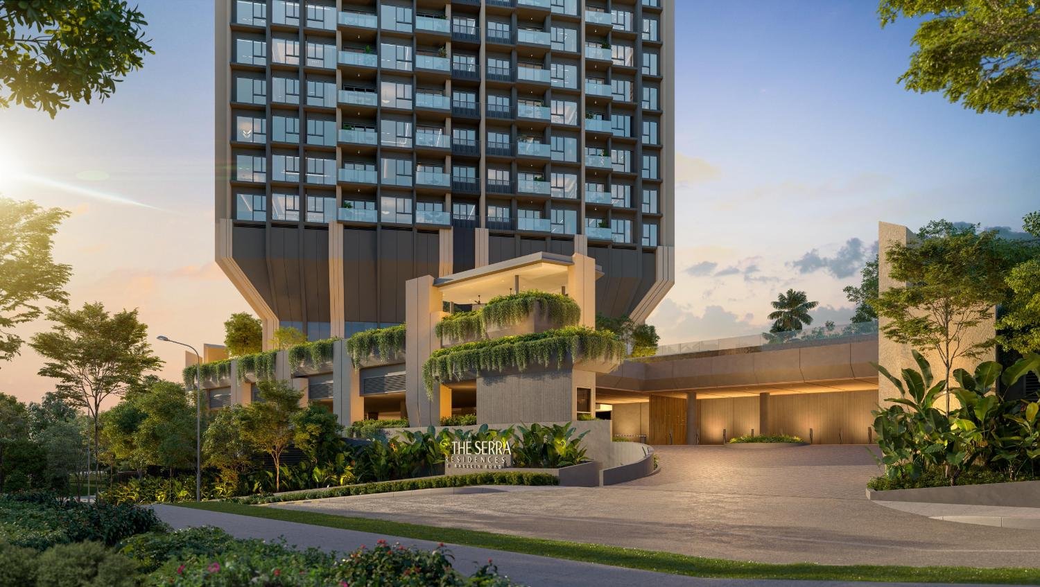 The Serra Residences — artist’s impression of the arrival driveway and landscaped entrance