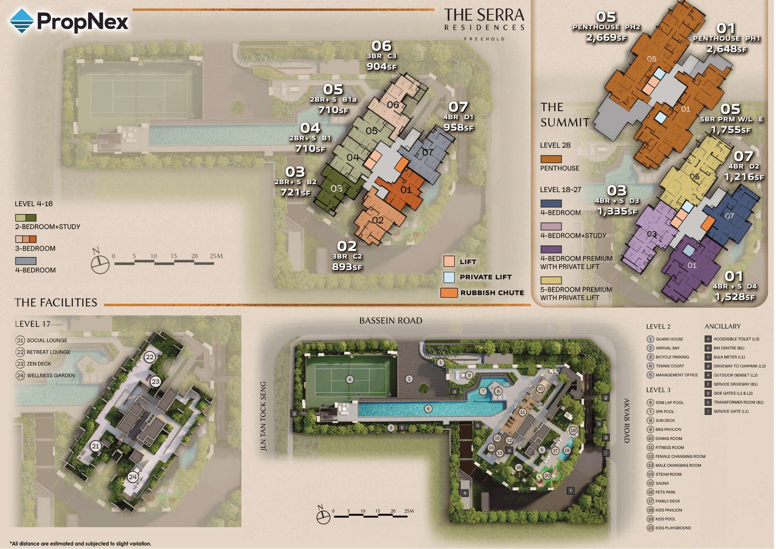 The Serra Residences site plan showing the tower footprint, pools, landscaped deck and surrounding Bassein Road plots