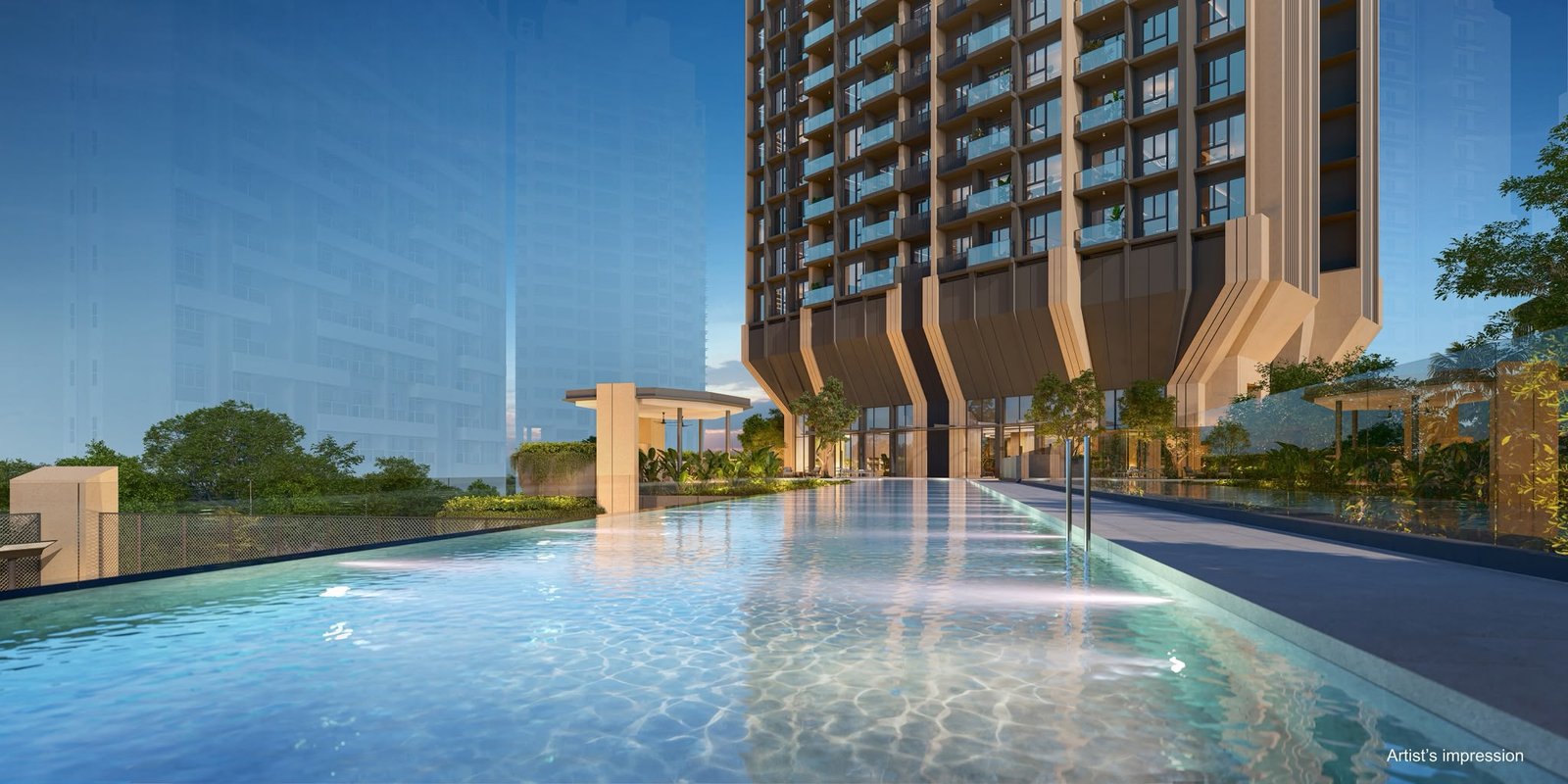The Serra Residences — artist’s impression of the swimming pool and pool deck with the tower behind