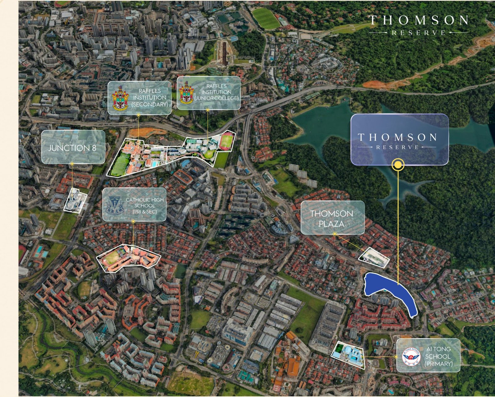 Aerial view of the Thomson Reserve site at Bright Hill Drive showing the surrounding landed estates, Upper Thomson MRT and Thomson Plaza