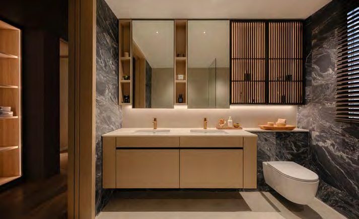 Thomson Reserve 5-bedroom suite show unit — bathroom with twin basins, timber accents and stone-look tiling