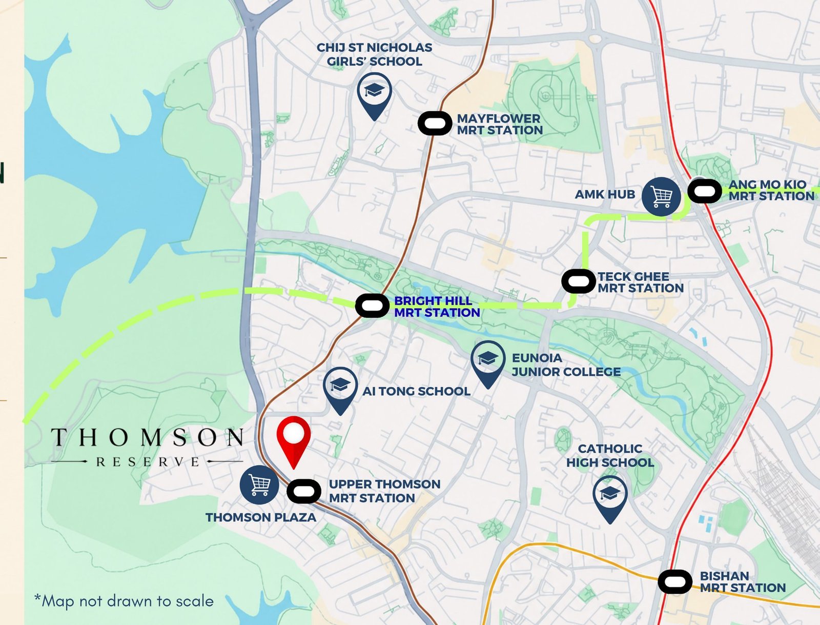 Connectivity map for Thomson Reserve showing Upper Thomson MRT, Bright Hill MRT, Thomson Plaza, Ai Tong School and the surrounding road network