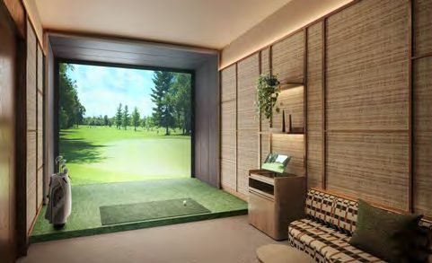 Thomson Reserve — the golf simulator room with a full-height screen and putting mat
