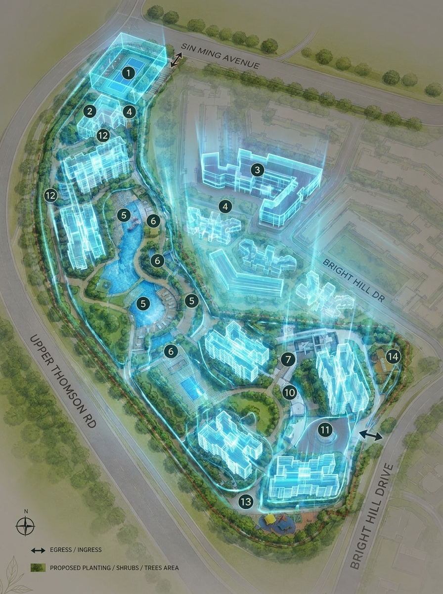 Illustrated aerial view of the completed Thomson Reserve development and its facilities