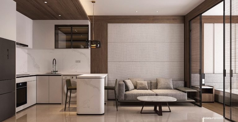 Artist's impression of a Wynwood Grand EC living and dining area with an open-plan kitchen