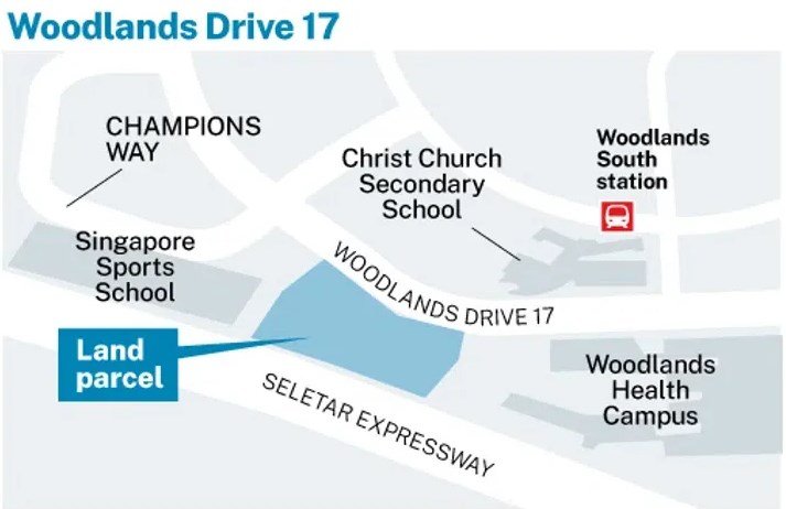 Vicinity diagram for Woodlands Drive 17 showing Champions Way, Christ Church Secondary School, Singapore Sports School, Woodlands South MRT and the SLE